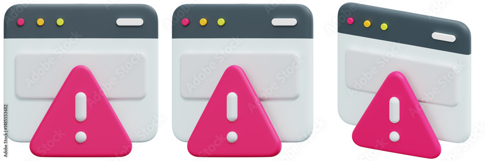 Poster set of website error icons pink warning triangles on white browser screens 3d render icon illustrati