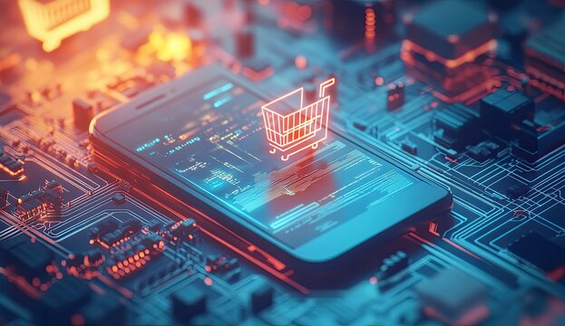 E-commerce technology. Mobile shopping app interface displayed on a circuit board.  The digital shopping cart icon is illuminated