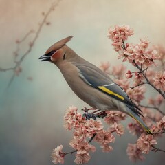 Fototapeta premium A waxwing with its soft pastel tones, on a delicate background.