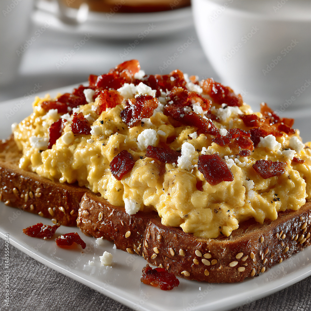 Poster close-up photograph of scrambled eggs on toast with crispy bacon bits and shredded cheddar cheese