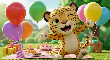 Naklejka premium Cartoon leopard cub at birthday picnic