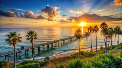A serene dramatic sunrise over the ocean with a fishing pier stretching into the water, surrounded by tall palm trees and lush greenery, coastal scenery, ocean view
