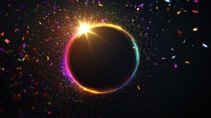 Radiant Circular Portal of Light Bursting with Celebratory Confetti on Dark Void