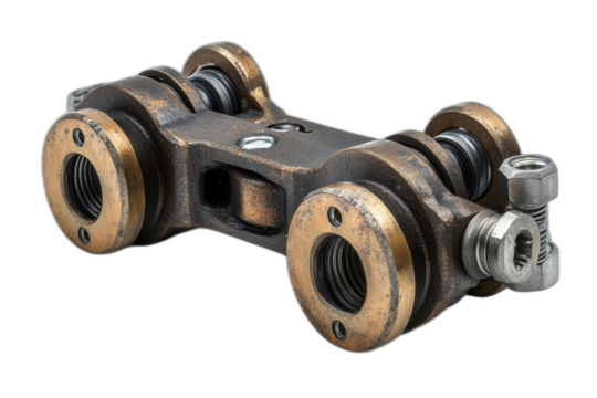 Pair of brass fittings, straight and elbow-shaped, with threaded ends and hexagonal bodies isolated on transparent background.