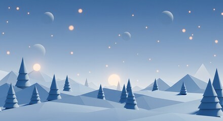 Winter Landscape with Snow Covered Hills, Trees, and Celestial Bodies
