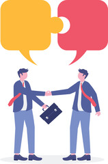 businessmen handshake with a connected speech bubble jigsaw.

