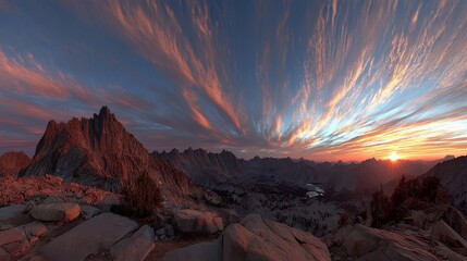 Naklejka premium Dreamy Sunset Over Remote Ridge with Streaked Clouds and Peaceful Landscape View