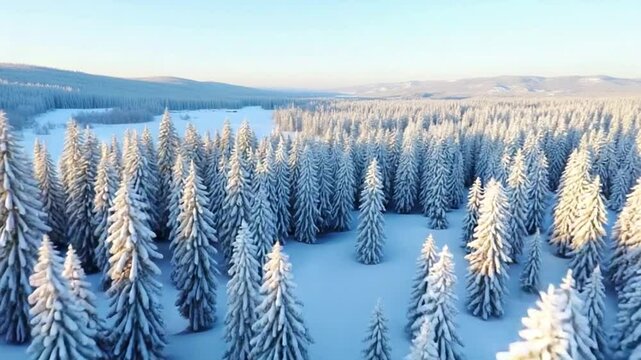 An aerial view reveals a dense forest of snow-covered evergreen trees under a bright blue sky, showcasing the serene beauty of winter in a remote area. Vertical footage