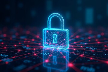 Digital padlock glows amid red networked security