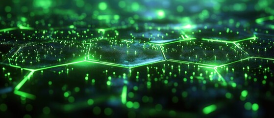 Close-up of glowing green hexagonal grid pattern with illuminated points creating a futuristic digital network effect