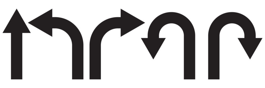 go straight this way one way only u turn left and right black arrow sign vector illustration. EPS 10.