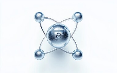 Shiny metallic atomic model with central sphere and four orbiting spheres connected by curved rods against a white background