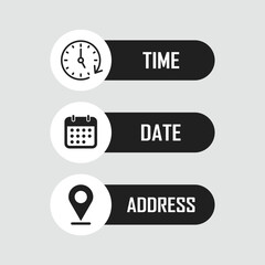 Date, time, location icon in flat style. Event message vector illustration on isolated background. Information sign business concept.