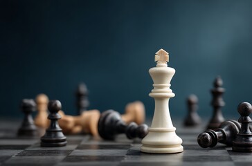 Triumphant White Chess King Stands Tall Over Fallen Opponents on Dark Board