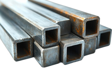 Pile of steel bars with varying thickness and lengths, stacked irregularly. Isolated on transparent background.