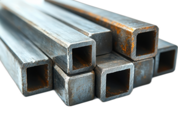 Pile of steel bars with varying thickness and lengths, stacked irregularly. Isolated on transparent background.