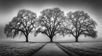 Naklejka premium Misty morning landscape with three large trees and a pathway