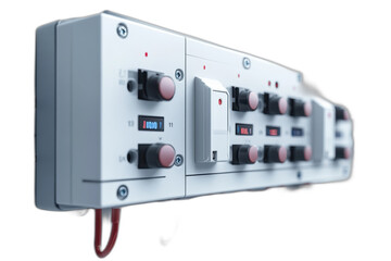 Close-up of a white wall switch with black toggle, screws, and subtle shadow, isolated on transparent background.