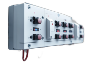 Close-up of a white wall switch with black toggle, screws, and subtle shadow, isolated on transparent background.