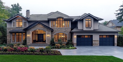 Large two-story modern house with stone facade and multiple windows warmly lit during dusk, surrounded by landscaped garden with colorful flowers and lush green lawn