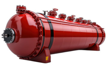 Red gas tank with a large nozzle and gauge indicator isolated on transparent background.
