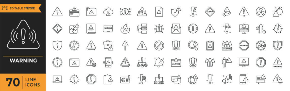 Warning line icon set. Contains icons related to Alert, caution, danger, error, and more. Linear icon collection. Editable stroke, Vector illustration