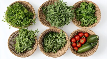 Assortment of fresh herbs and vegetables arranged in woven baskets.