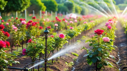 Fototapeta premium Drip Irrigation for Roses in a Modern Garden, efficient watering