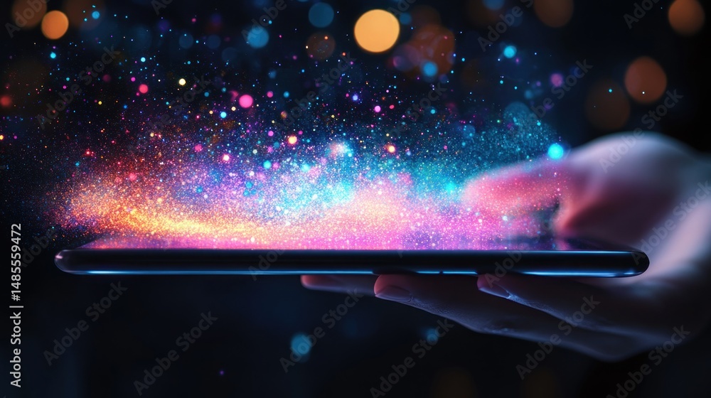 Poster surreal digital interaction, hand holding a tablet displaying cosmic particle effects