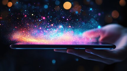 Surreal digital interaction, hand holding a tablet displaying cosmic particle effects