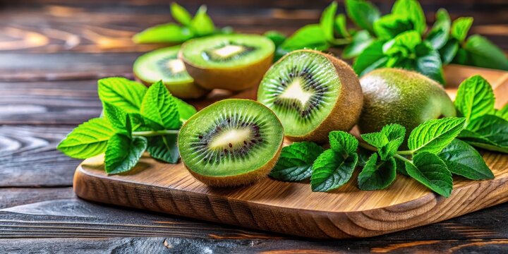 Fresh sliced kiwi on wooden cutting board with green leafy herbs , wood, fruit,  wood, fruit