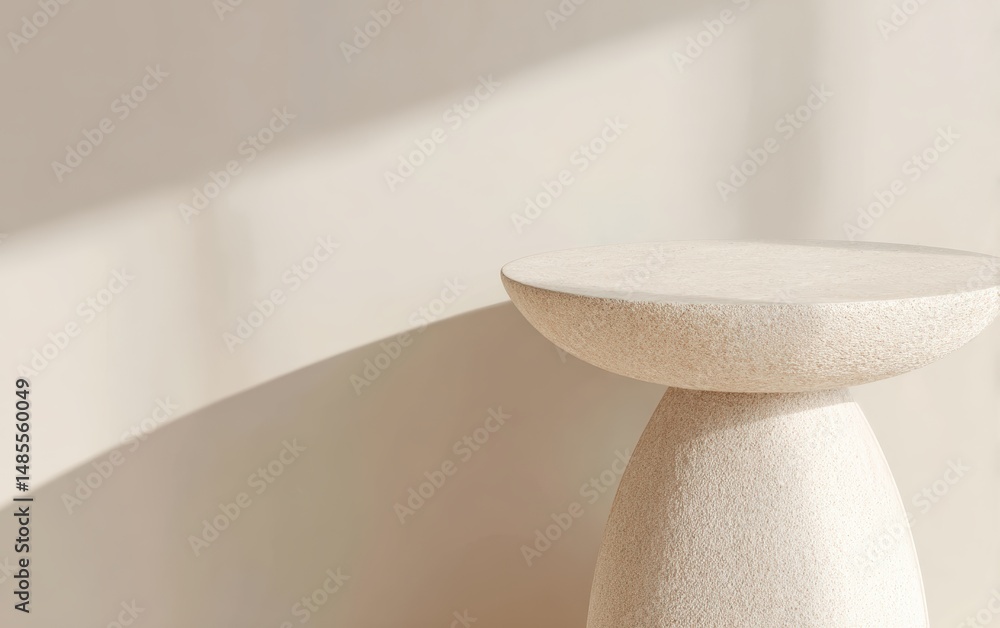 Poster close-up of an abstract pedestal table with textured surface in soft light and minimalist setting