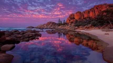 Fototapeta premium Warm Glow of Sunset Reflecting on Ocean Rocks with Vibrant Colors and Tranquil Nature Scene