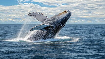 Fototapeta premium Majestic humpback whale breaching the ocean surface.