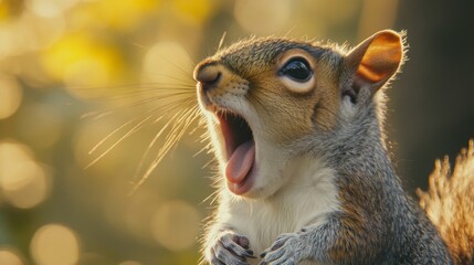 Closeup of a Grey Squirrel with Mouth Open in Golden Hour Light