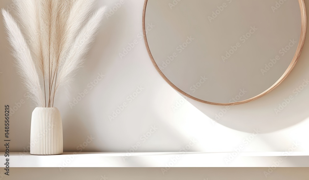 Poster simple and elegant white shelf with round mirror and dried pampas grass arrangement in minimalist st