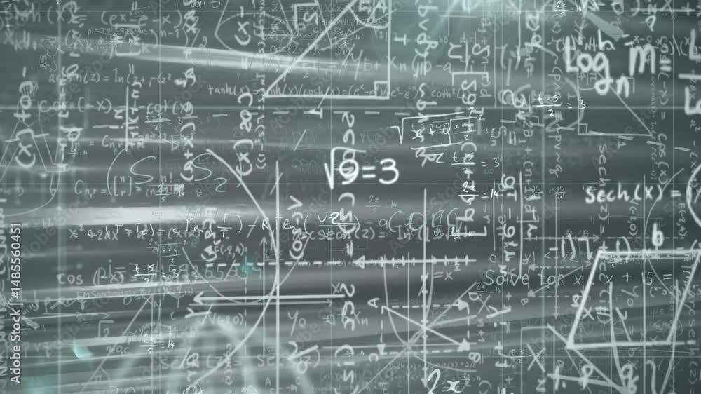 Poster math board showing algebraic, trigonometric and logarithmic formulas in flat design with glow