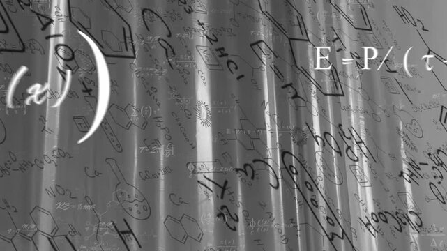 Reflective curtain displaying formulas and math symbols with folds and light streaks, in 3D render