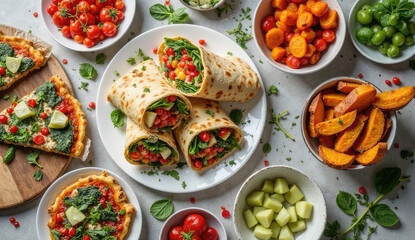 Colorful Healthy Meal Featuring Wraps, Pizza, and Sides