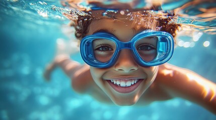 Smiling child wearing blue swimming goggles underwater in a clear pool with bright and joyful expression