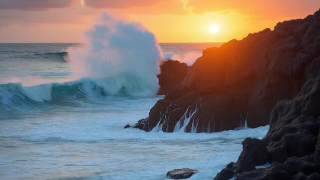 Stormy sea on sunset. The waves crash into the volcanic basalt rock, lit