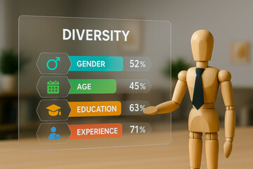 Recruitment diversity concept with gender age education and experience statistics shown by wooden figure in office environment