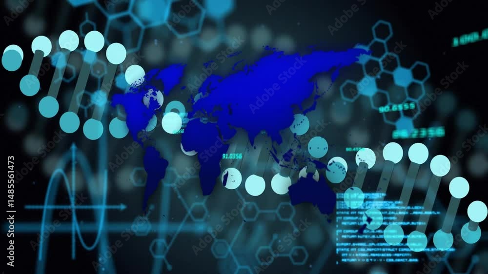 Poster biotechnology interface showing global dna helix flowing over hex grid with glowing code lines