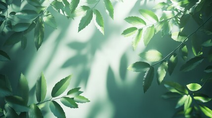 Fresh leaves, soft shadows, nature backdrop, ideal for product placement