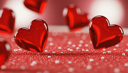 Glossy Red Heart Decorations on Sparkling Background for Valentine Day Cards
