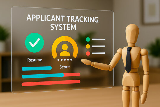 Applicant tracking system recruitment concept with resume score and data analysis in modern office background