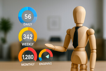 Recruitment concept with wooden mannequin in office showing daily weekly monthly statistics for business growth and engagement