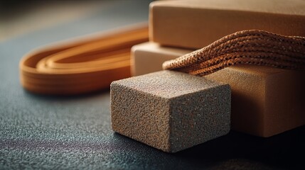 Close-up of textured yoga blocks and straps.