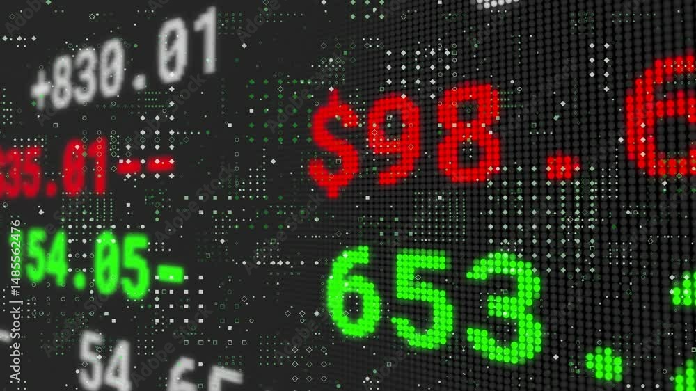 Aufkleber financial data being visualized on dark 3d dot-matrix panel, with floating colored digits