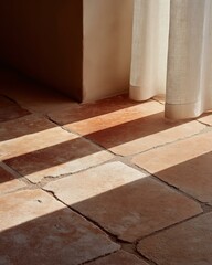 Sunlit Terracotta Floor & White Curtain. Rustic Interior Detail